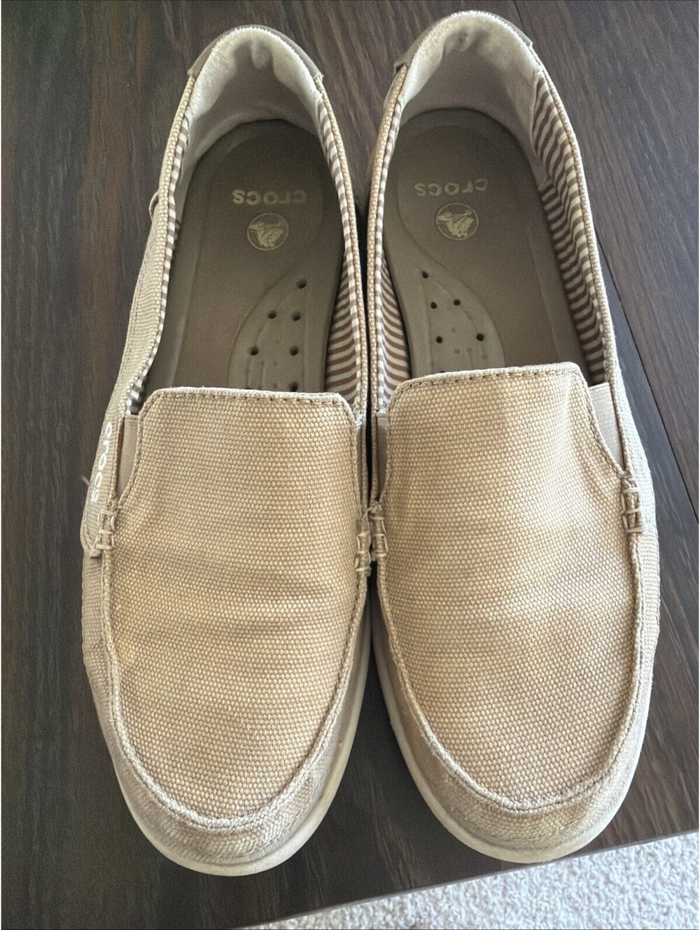 Crocs Women's Size 6W Canvas Loafer Boat Deck Shoes Tan Brown